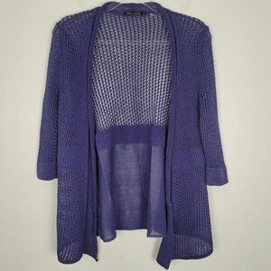 Nic+Zoe Size S Linen Viscose Mesh Cardigan Open Front 3/4 Sleeve Knit Blue